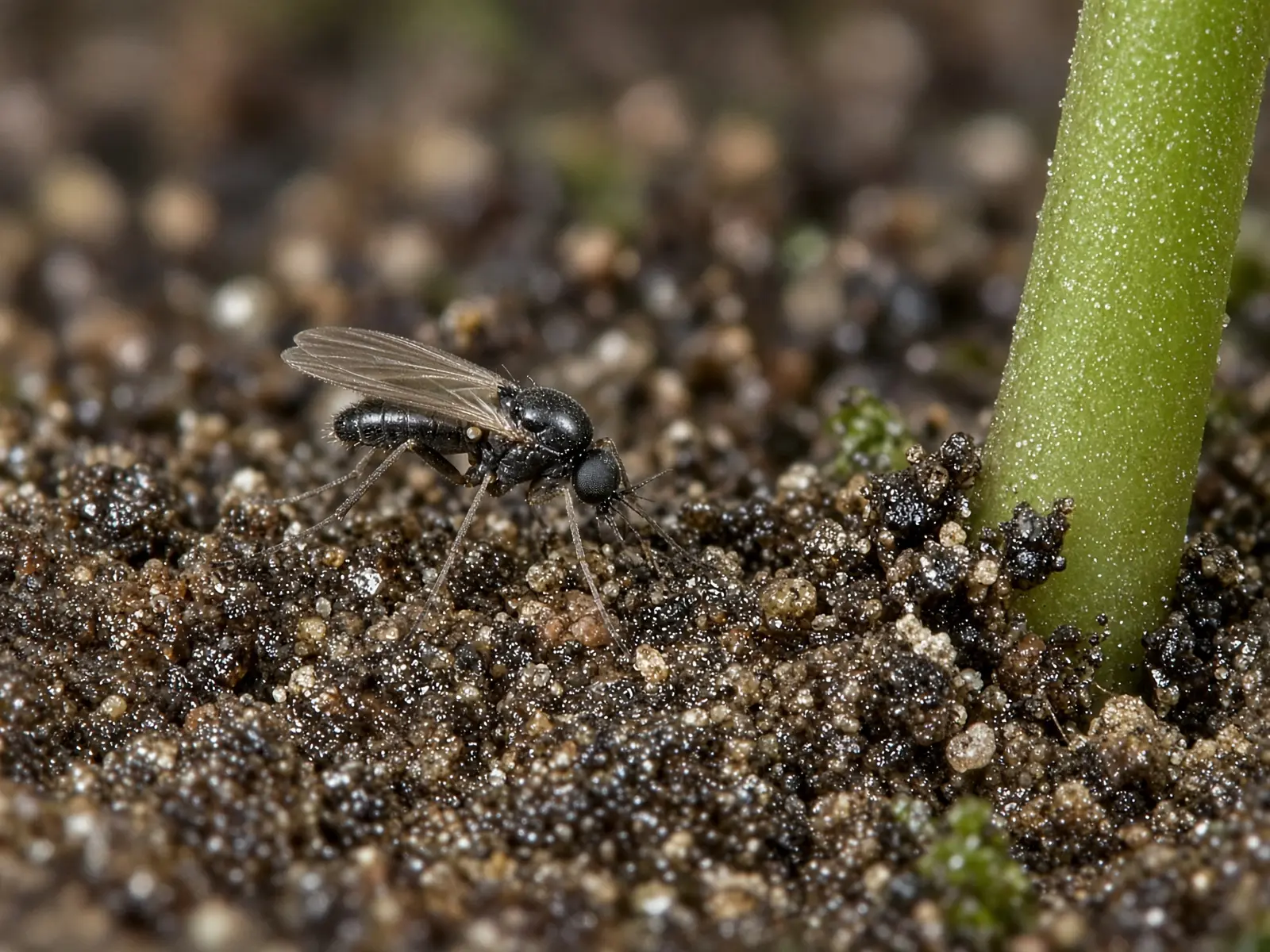 Macro photo of a fungus gnat on potting soil